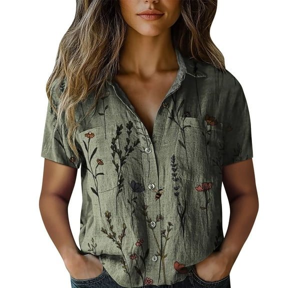yunLCZ Women's Button Down Shirt Women Cotton Shirt Printed Fashion Down Shirts Casual Tops Short Sleeve Blouse