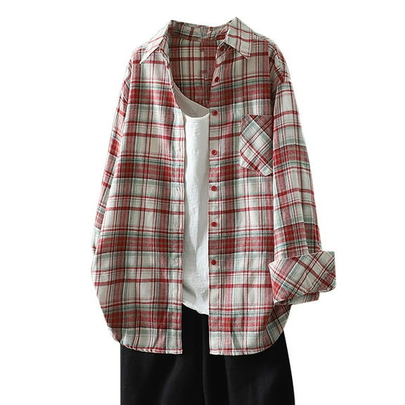 yunLCZ Women's Button Down Shirt Women Long Sleeved Plaid Pocket Shirt