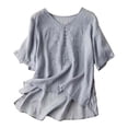 thumbnail image 1 of yunLCZ Women's Button Down Shirt Women's Cotton Linen Short Sleeve V Neck Loose Embroidered Top, 1 of 3
