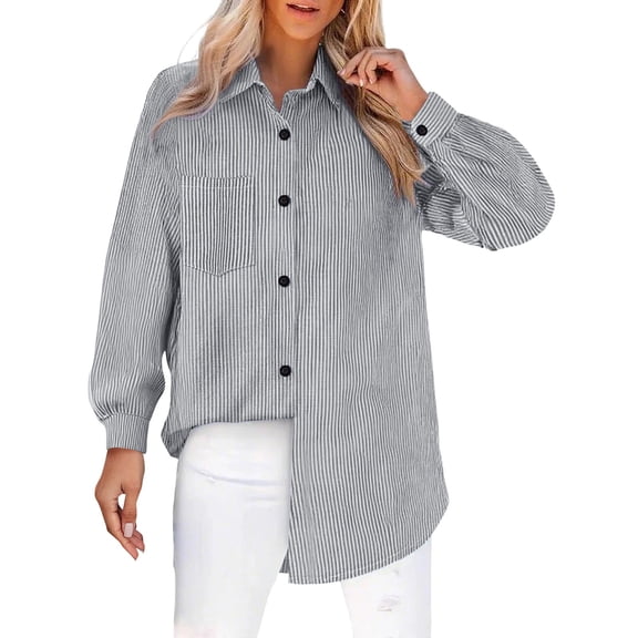 yunLCZ Women's Button Down Shirt Womens Daily Casual V Neck Shirts Long Sleeve Collared Blouses Pocket Loose Fit Shirt