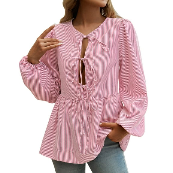 yunLCZ Women's Button Down Shirts Tie Front Tops For Women Long Puff Sleeve Striped Peplum Tops Cute Casual Blouse Shirts Women's Button Down Shirts
