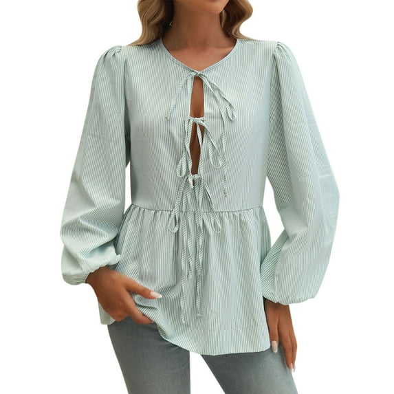 yunLCZ Women's Button Down Shirts Tie Front Tops For Women Long Puff Sleeve Striped Peplum Tops Cute Casual Blouse Shirts Women's Button Down Shirts