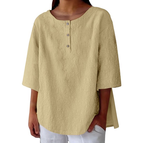 yunLCZ Women's Button Down Shirts Women's 3/4 Sleeve Cotton Linen Blouses Top T Shirt Going Out Fashion Clothes