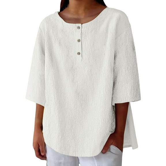 yunLCZ Women's Button Down Shirts Women's 3/4 Sleeve Cotton Linen Blouses Top T Shirt Going Out Fashion Clothes