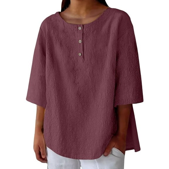 yunLCZ Women's Button Down Shirts Women's 3/4 Sleeve Cotton Linen Blouses Top T Shirt Work Office Casual Blouse