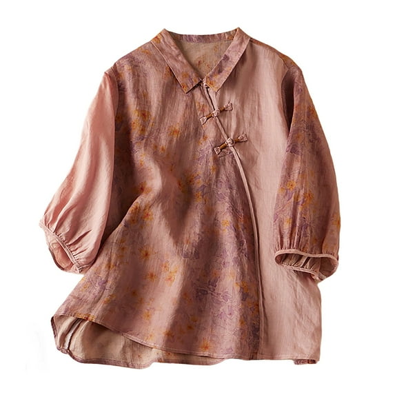 yunLCZ Women's Button Down Shirts Women's Cotton And Linen Floral Retro Loose Casual Long Sleeved Shirt Women's Button Down Shirts