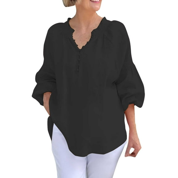 yunLCZ Women's Button Down Shirts Women's Long Sleeve Solid Color Button V Neck Cotton And Linen Shirt Loose T Shirt Work Office Casual Blouse