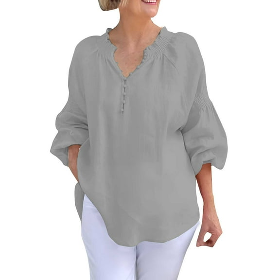 yunLCZ Women's Button Down Shirts Women's Long Sleeve Solid Color Button V Neck Cotton And Linen Shirt Loose T Shirt Work Office Casual Blouse