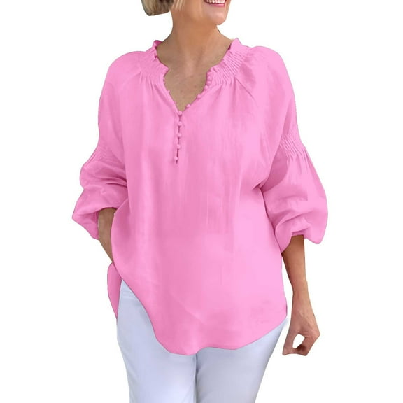yunLCZ Women's Button Down Shirts Women's Long Sleeve Solid Color Button V Neck Cotton And Linen Shirt Loose T Shirt Work Office Casual Blouse