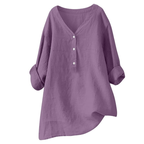 yunLCZ Women's Button Down Shirts Women's Solid Color V Neck Button Down Cotton Linen Long Sleeved Blouse Women's Button Down Shirts