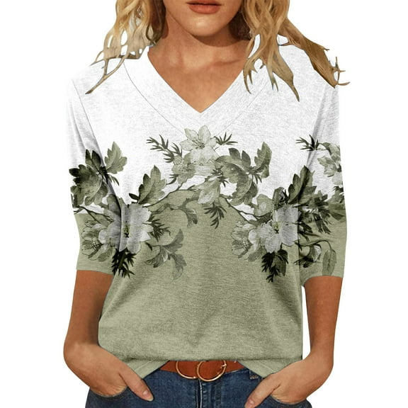 yunLCZ Women's Button Down Shirts Womens Tops 3/4 Length Sleeve Summer V Neck Shirts Casual Tunic Tops 2025 Women's Button Down Shirts