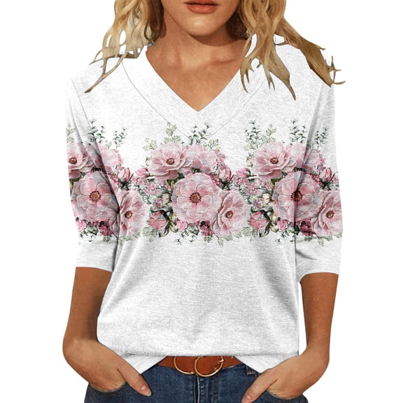 yunLCZ Women's Button Down Shirts Womens Tops 3/4 Length Sleeve Summer V Neck Shirts Casual Tunic Tops 2025 Women's Button Down Shirts