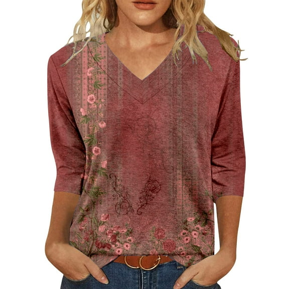 yunLCZ Women's Button Down Shirts Womens Tops 3/4 Length Sleeve Summer V Neck Shirts Casual Tunic Tops 2025 Women's Button Down Shirts