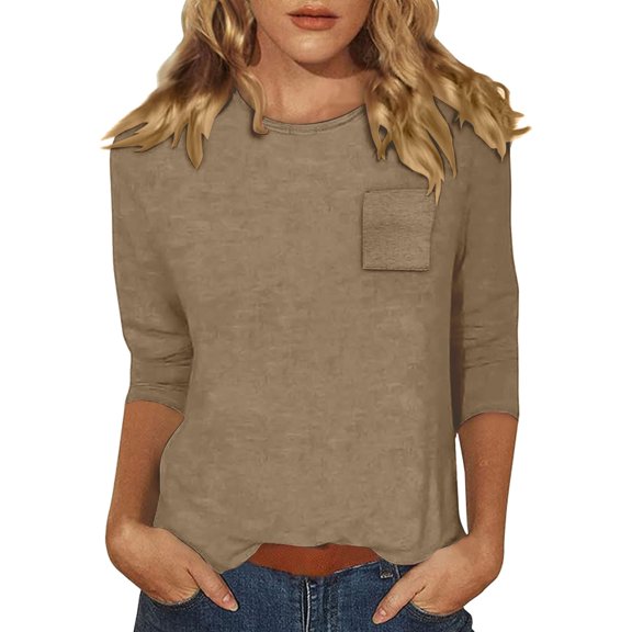yunLCZ Women's Button Down Shirts 3/4 Length Sleeve Womens Tops Casual Loose Fit Crewneck T Shirts Cute Solid Three Quarter Length Tunic Tops Going Out Fashion Clothes