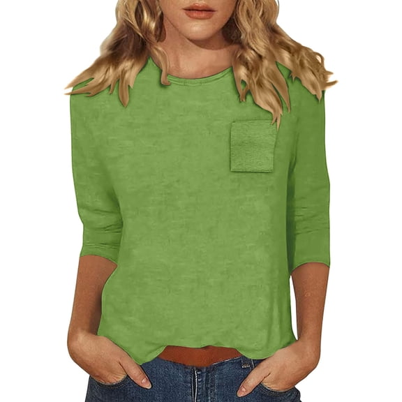 yunLCZ Women's Button Down Shirts 3/4 Length Sleeve Womens Tops Casual Loose Fit Crewneck T Shirts Cute Solid Three Quarter Length Tunic Tops Going Out Fashion Clothes