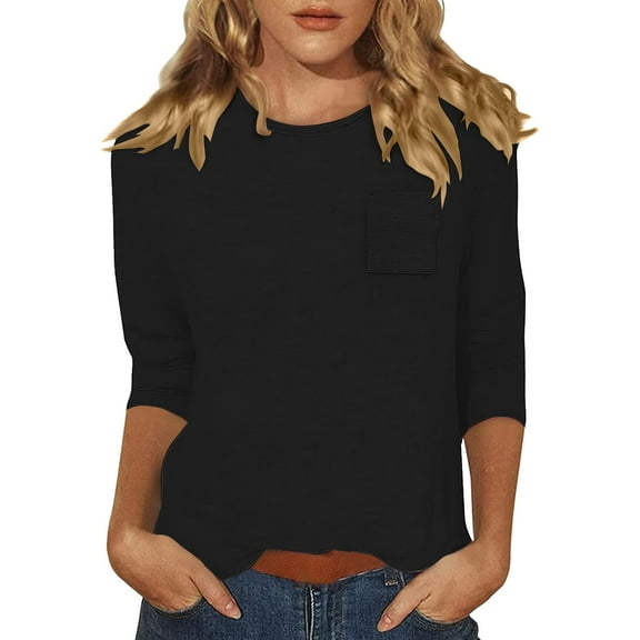 yunLCZ Women's Button Down Shirts 3/4 Length Sleeve Womens Tops Casual Loose Fit Crewneck T Shirts Cute Solid Three Quarter Length Tunic Tops Spring Summer Outfits 2131