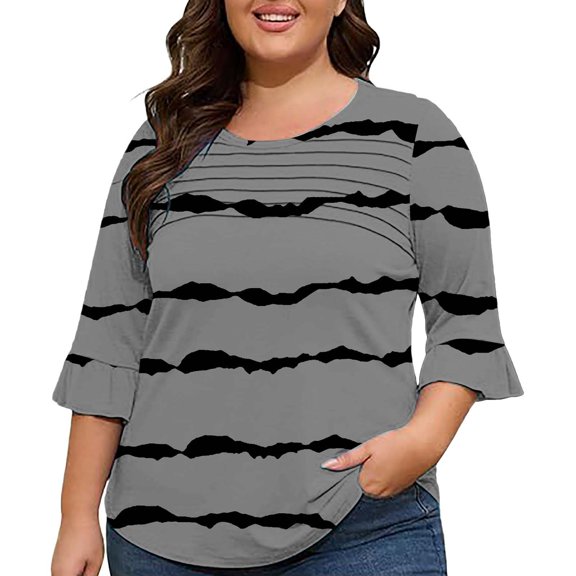 yunLCZ Women's Button Down Shirts 3/4 Length Sleeve Womens Tops Casual Shirts Ruffle Bell Sleeve Front Pleated Fasion Trendy Summer Blouses Spring Summer Outfits 2417