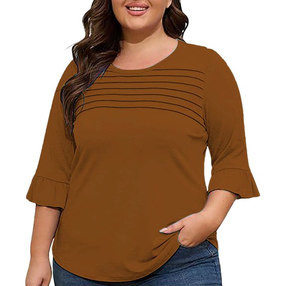 yunLCZ Women's Button Down Shirts 3/4 Length Sleeve Womens Tops Casual Shirts Ruffle Bell Sleeve Front Pleated Fasion Trendy Summer Blouses Spring Summer Outfits 2365