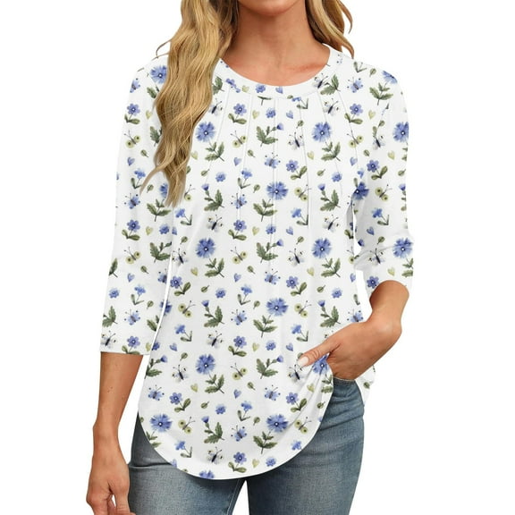 yunLCZ Women's Button Down Shirts 3/4 Length Sleeve Womens Tops Round Neck Casual Tunic Tops Basic Pleated Shirts Loose Fit 2025 Women's Button Down Shirts