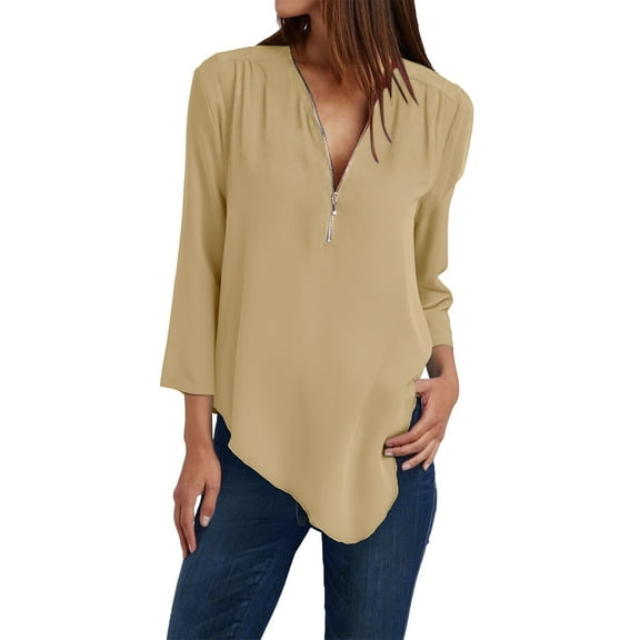 yunLCZ Women's Button Down Shirts Button Women Ladies Clothing Loose Shirt Chiffon Zipper Long Sleeves Slanted Hem Plus Size Tops Work Office Casual Blouse