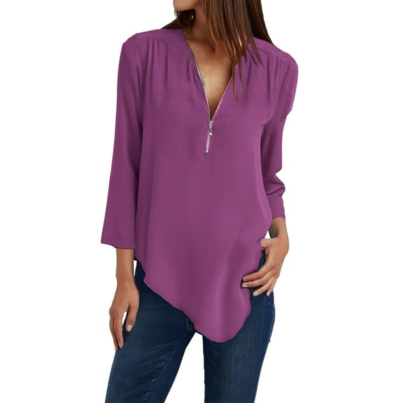 yunLCZ Women's Button Down Shirts Button Women Ladies Clothing Loose Shirt Chiffon Zipper Long Sleeves Slanted Hem Plus Size Tops Work Office Casual Blouse