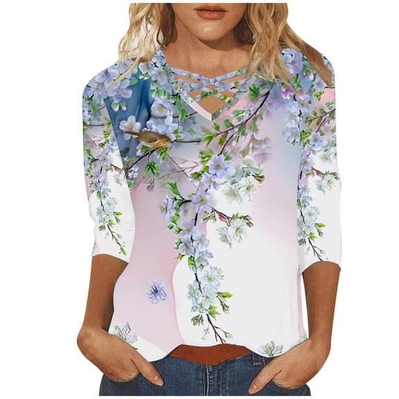 yunLCZ Women's Button Down Shirts Shirts For Women 2025 Summer 3/4 Sleeve Tunic Tops Casual Tshirt Crewneck Pullover Blouse Day Tees Women's Button Down Shirts