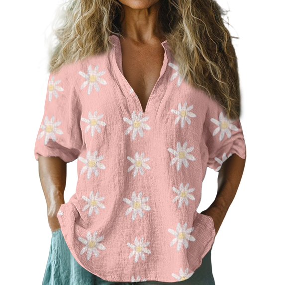 yunLCZ Women's Button Down Shirts Women Baggy Cotton Linen Tops Stylish Print Blouse For Women Plus Size Long Sleeve V Neck T Shirt Work Office Casual Blouse
