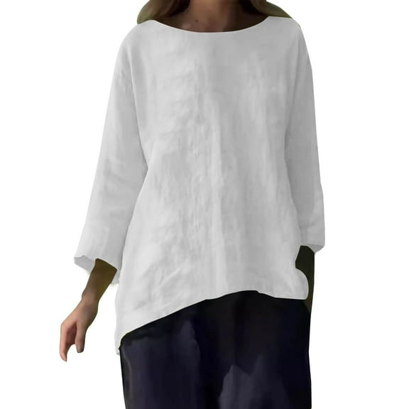 yunLCZ Women's Button Down Shirts Women's 202 Nine Point Sleeve Round Neck Cotton Linen Loose Casual Versatile Shirt Top T Shirt Women's Button Down Shirts
