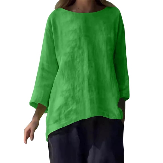 yunLCZ Women's Button Down Shirts Women's 202 Nine Point Sleeve Round Neck Cotton Linen Loose Casual Versatile Shirt Top T Shirt Women's Button Down Shirts