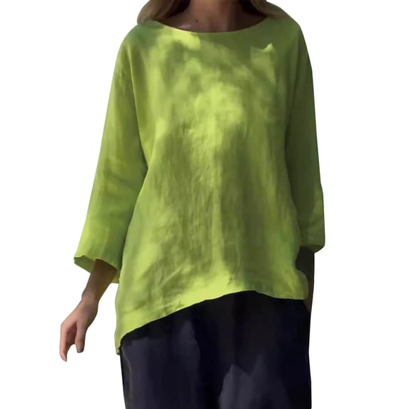 yunLCZ Women's Button Down Shirts Women's 202 Nine Point Sleeve Round Neck Cotton Linen Loose Casual Versatile Shirt Top T Shirt Women's Button Down Shirts