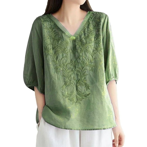 yunLCZ Women's Button Down Shirts Women's Embroidered Top Cotton Linen Puff Short Sleeve Crewneck Boho Blouse Casual Button Down T Shirts Going Out Fashion Clothes