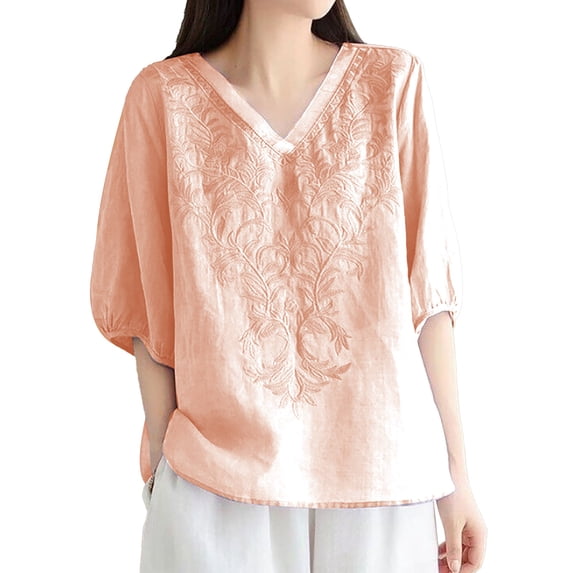 yunLCZ Women's Button Down Shirts Women's Embroidered Top Cotton Linen Puff Short Sleeve Crewneck Boho Blouse Casual Button Down T Shirts Work Office Casual Blouse