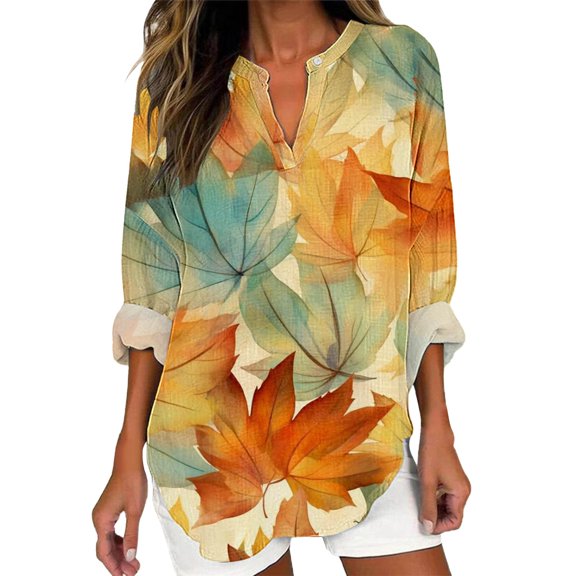 yunLCZ Women's Button Down Shirts Women's Long Sleeved V Neck And Linen Shirt Casual Round Neck Retro Pattern Printed Shirt Loose Top Women's Button Down Shirts