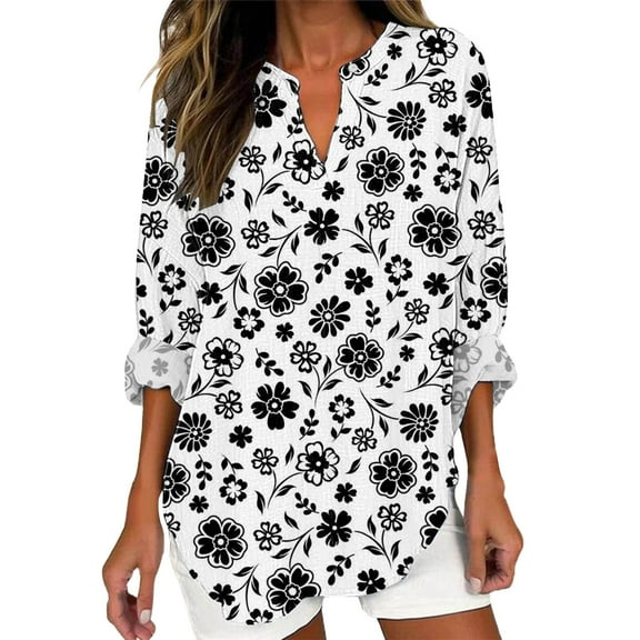 yunLCZ Women's Button Down Shirts Women's Long Sleeved V Neck And Linen Shirt Casual Round Neck Retro Pattern Printed Shirt Loose Top Women's Button Down Shirts