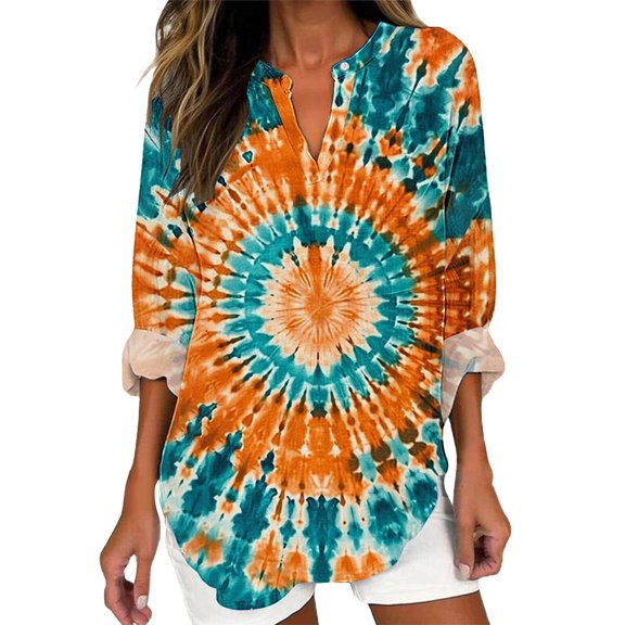 yunLCZ Women's Button Down Shirts Women's Long Sleeved V Neck And Linen Shirt Casual Round Neck Retro Pattern Printed Shirt Loose Top Women's Button Down Shirts