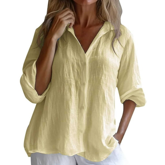 yunLCZ Women's Button Down Shirts Women's Solid Color Cotton And Linen Casual Shirt Loose Long Sleeve Linen V Neck Shirt T Shirt Work Office Casual Blouse
