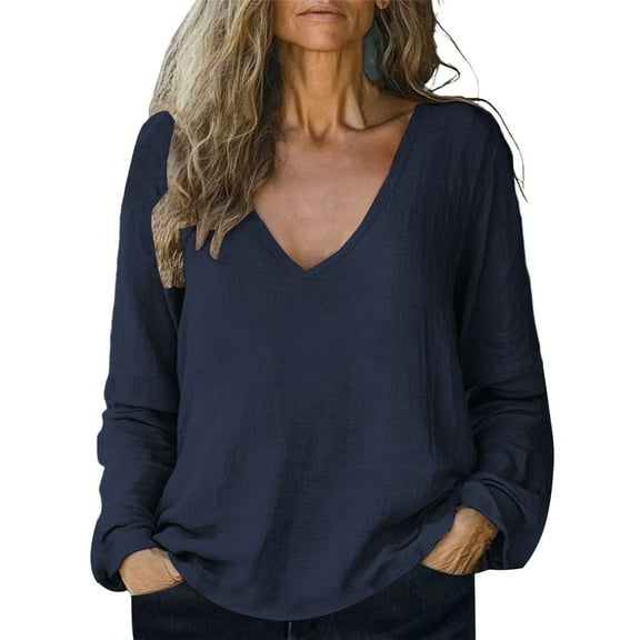 yunLCZ Women's Cap Sleeve Tank Tops Women Baggy Cotton Linen Tops Deep V Neck Solid Color Top Blouse For Women Plus Size Long Sleeve V Neck T Shir