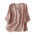 thumbnail image 1 of yunLCZ Women's Cap Sleeve Tank Tops Women's Cotton Linen Button Short Sleeve Shirts Summer Loose Crew Neck Casual Boho Top Vintage Embroidered Blouse Tops, 1 of 4
