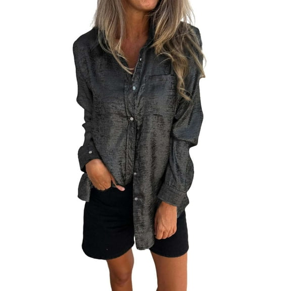 yunLCZ Women's Cap Sleeve Tank Tops Women's Satin Silk Blouse Lapel V Neck Long Sleeve Casual Work Blouse Shirts Pullover Tops