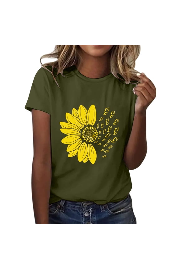 Women's Cap Sleeve Tank Tops Women's Sunflower Butterfly Printed Shirt Short Sleeve Round Neck T Shirt Fashion Top Lightweight Soft Casual Summer Outfit Clothes