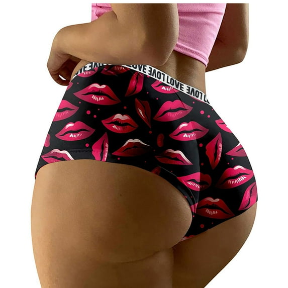 yunLCZ Women's Cotton Underwear High Waist Womens Butt Lifter Lingerie No Show Panties Lip Love Heart Print Briefs Underwear Sexy Cotton Bikinis Thong Underwear