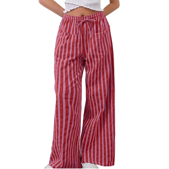 yunLCZ Women's Palazzo Pants Women Casual Drawstring Elastic Waist Loose Wide Leg Striped Pants With Pockets Casual Lounge Sweatpants