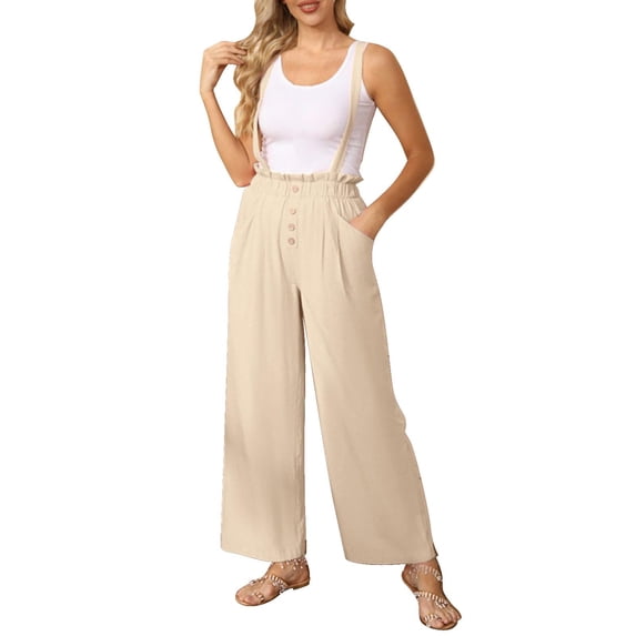 yunLCZ Women's Palazzo Pants Women's 2024 Spring/Summer New Detachable And Adjustable Shoulder Straps Pure Cotton Casual Straight Tube Elastic Waist Pants Casual Lounge Sweatpants
