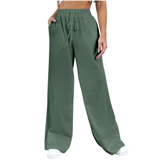 yunLCZ Women's Palazzo Pants Women's Pure Color Fashionable Casual Imitation Linen Pocket Strap Pants Casual Lounge Sweatpants