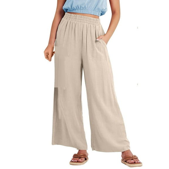 yunLCZ Women's Palazzo Pants Women's Solid Color Fashionable Casual Pocket Cotton Linen Wide Leg Pants Casual Lounge Sweatpants