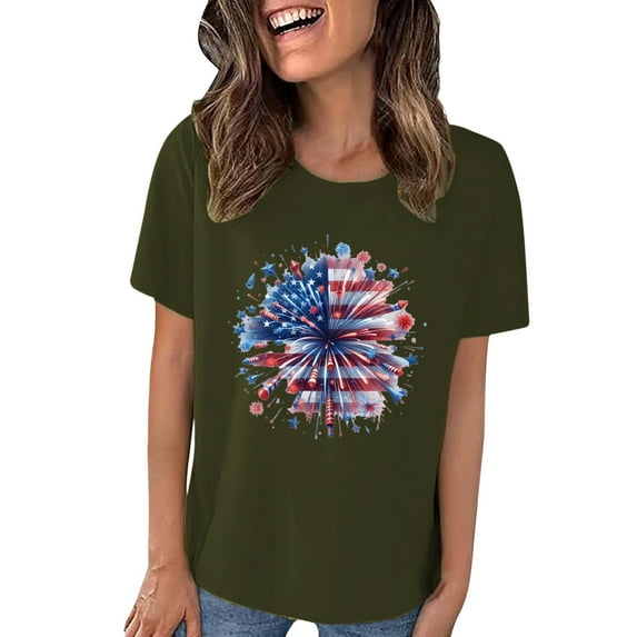 yunLCZ Women's Short Sleeve Shirts Independence Day Printed Women's Crew Neck Short Sleeved T Shirt Fashionable Casual Top