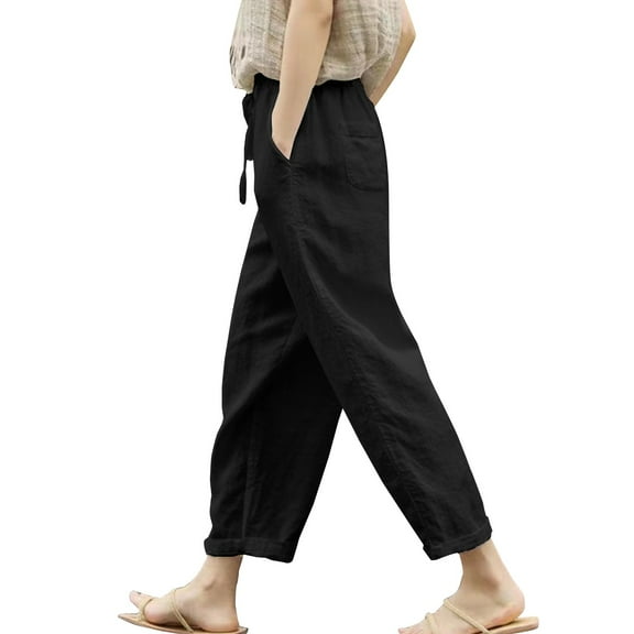 yunLCZ Women's Straight Leg Pants High Wa High Waist Linen Capris For Women Drawstring Elastic Waist Harem Pant Basic Lightweight Linen Pant