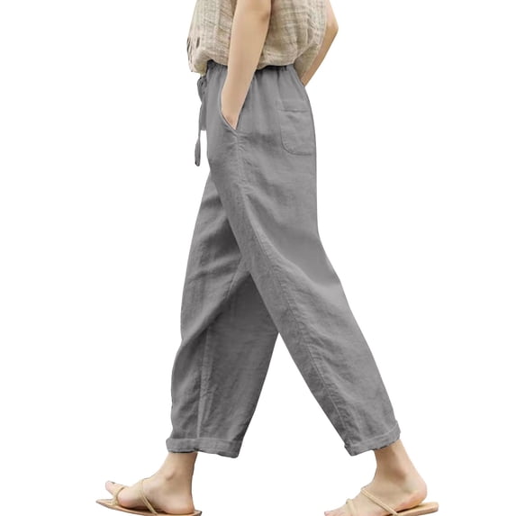 yunLCZ Women's Straight Leg Pants High Wa High Waist Linen Capris For Women Drawstring Elastic Waist Harem Pant Basic Lightweight Linen Pant