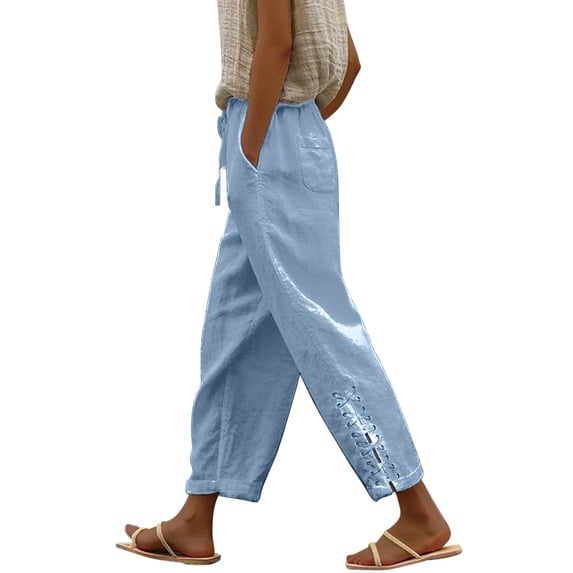 yunLCZ Women's Straight Leg Pants High Wa Women Suitable High Waist Pants Drawstring Capri Pants With Pockets Wide Leg Cropped Pants For Women