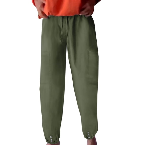 yunLCZ Women's Straight Leg Pants High Wa Women's Capri Pants High Waist Drawstring Bottom With Button Cotton Loose Casual Trouser With Pockets